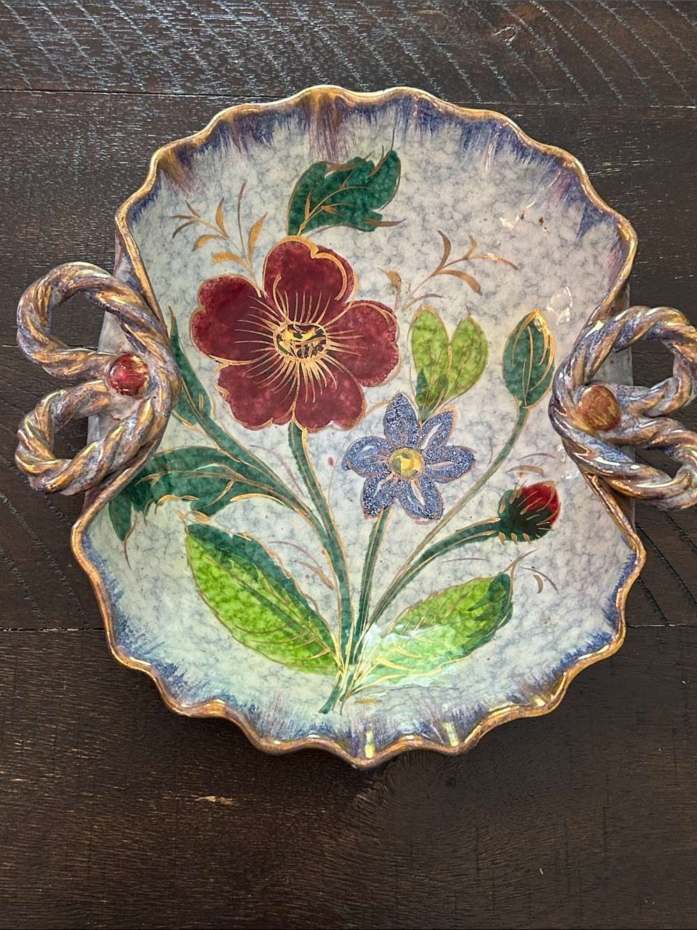 Vintage Glazed Terra-Cotta Hand painted Floral Scalloped Edge Catch-All Dish image 6